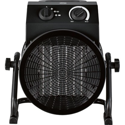 Černý keramický ohřívač a ventilátor Lieksa 5 000 W s ovládacími prvky, mřížkou a stojanem.