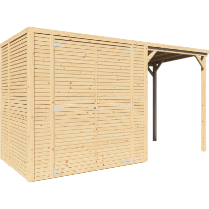 Bertilo Dřevěný domek na nářadí Box 2 Plus s přístavbou, přírodní, 373 x 157 cm