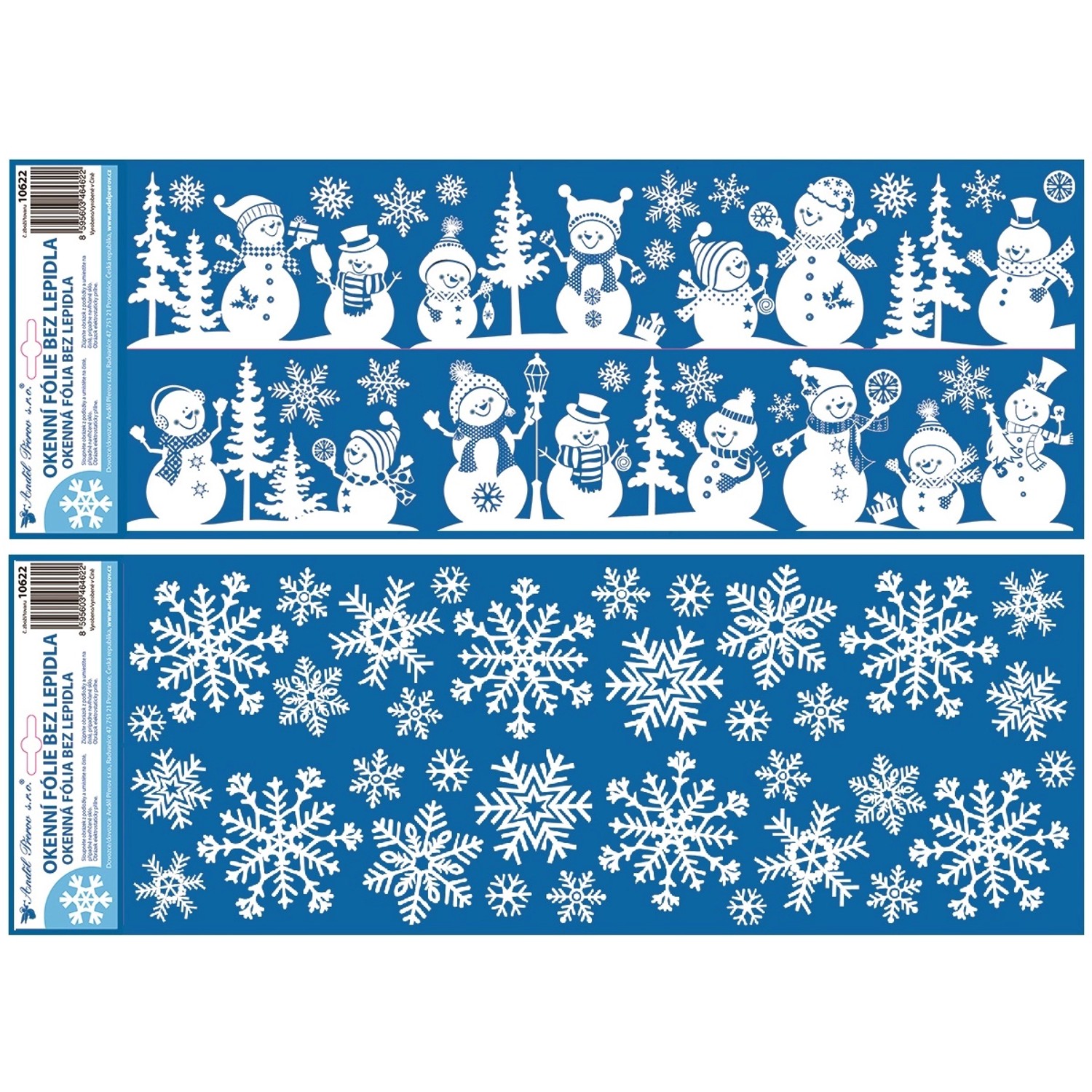 Okenní fólie vločky a sněhuláci, s glitry, 60 x 22,5 cm