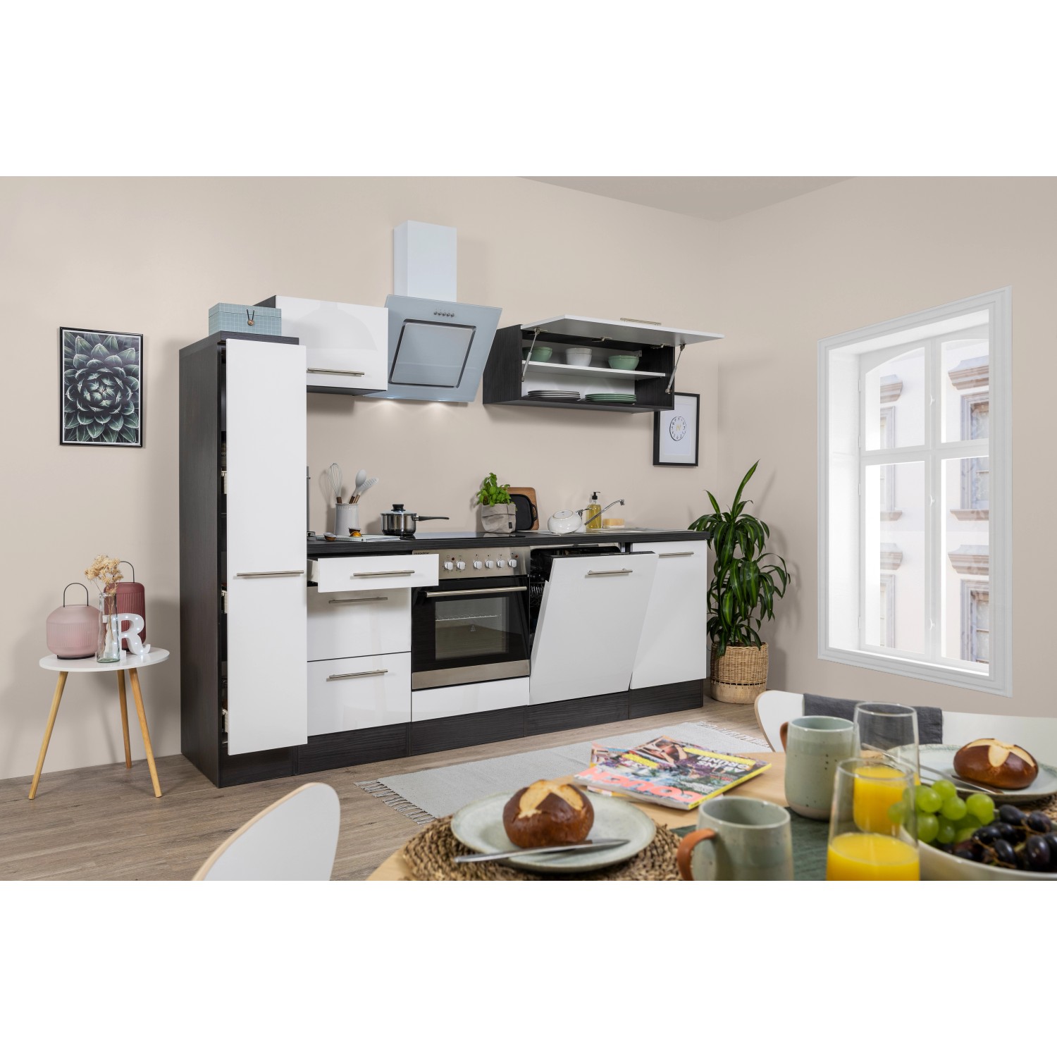 Respekta Kuchyně Amanda bílá/dub 250 cm - trouba+sklok.d./šikmá digestoř/myčka