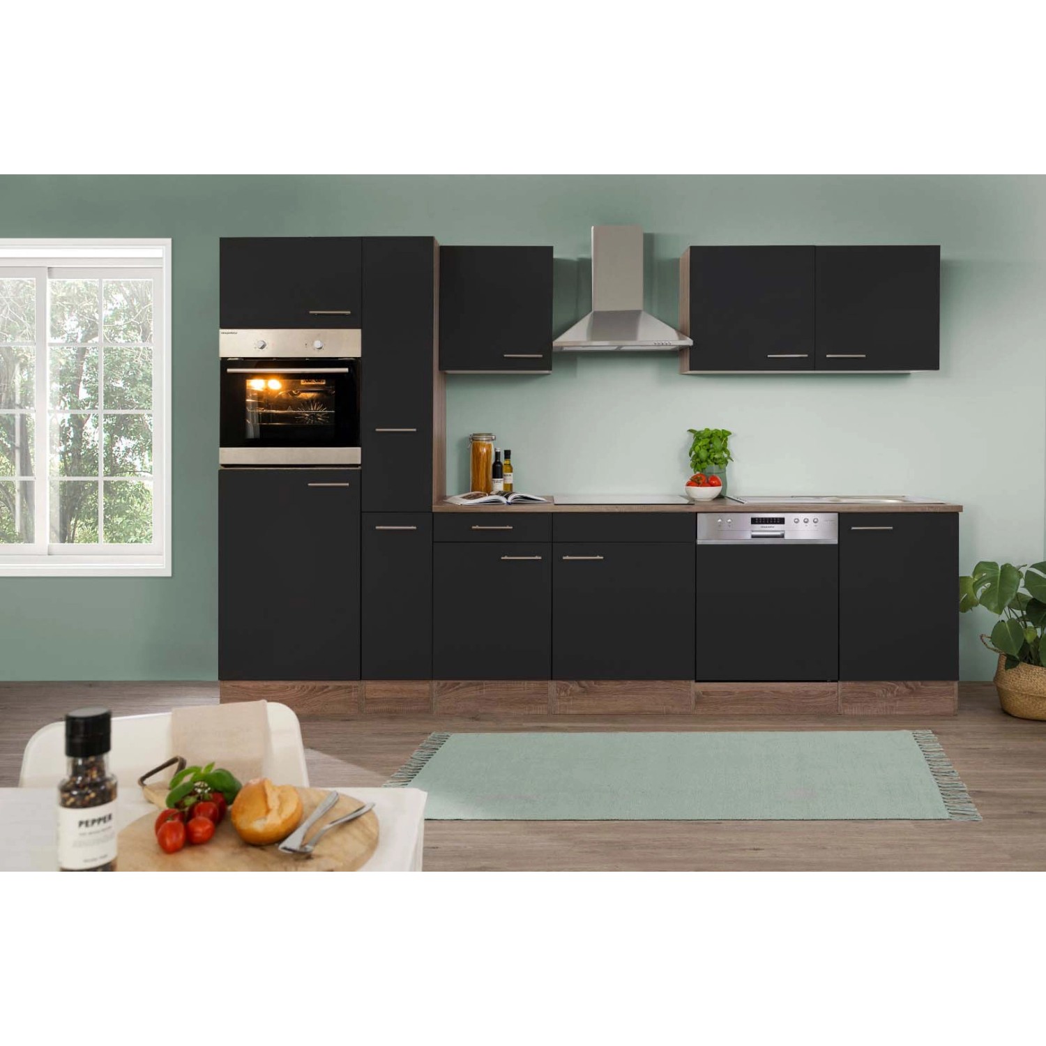 Respekta Kuchyně Oliver černá - hedvábně lesklá/dub 310 cm - Bez el. přístrojů