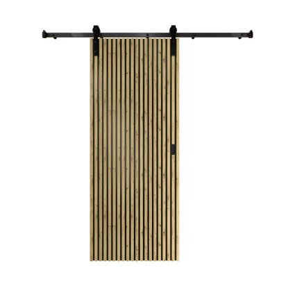 Kompletní sada posuvných dveří Radex akustický panel Lamette, 95x210 cm, s lamelovým designem a černým zavěšením.
