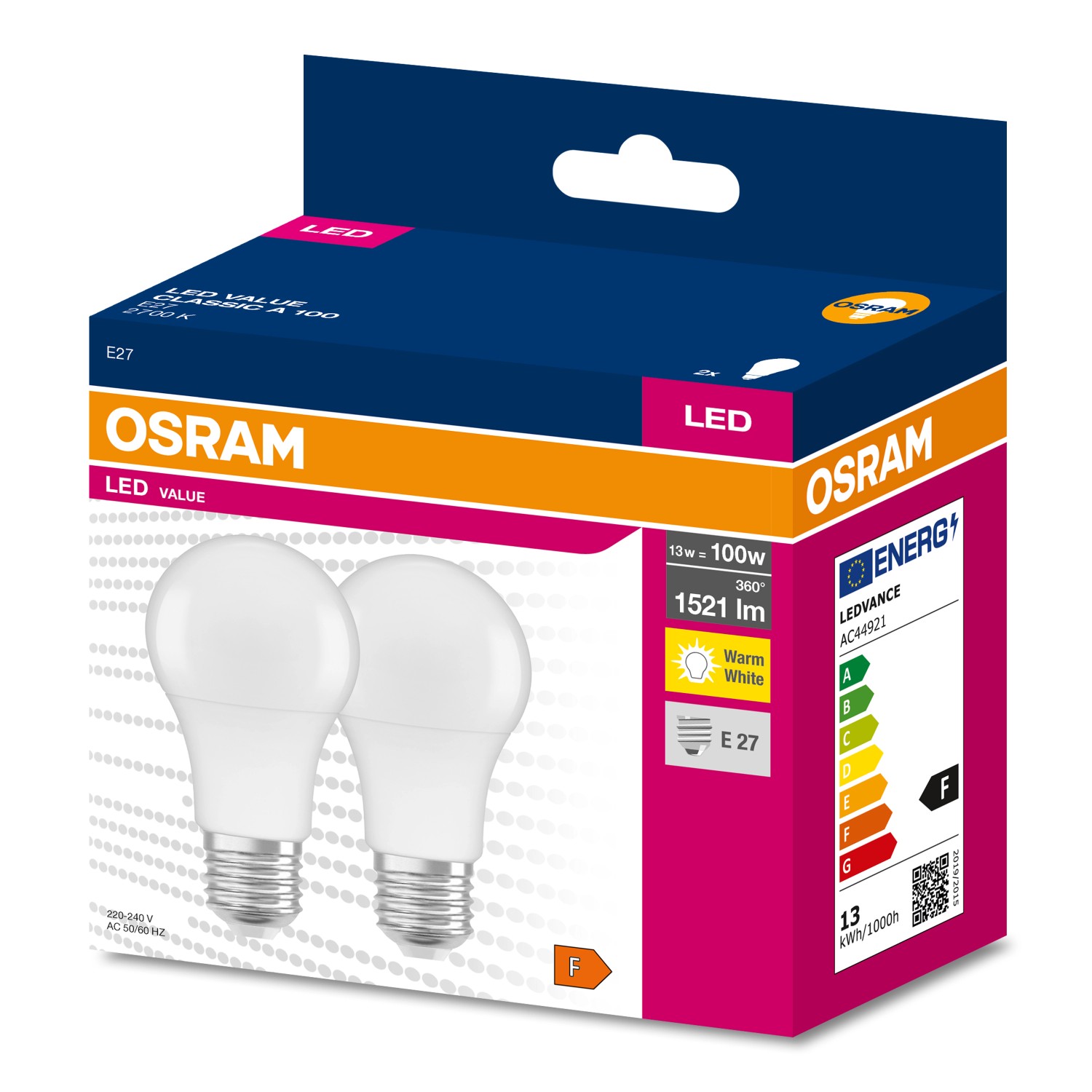 OSRAM LED žárovka VALUE CLASSIC A 100, A60, E27, 13W, 1521lm, 2700K, 2 ks