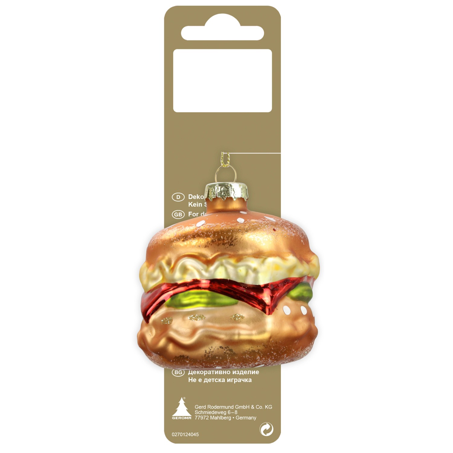 GEROMA Skleněná vánoční ozdoba hamburger 6,5 cm, 1 ks