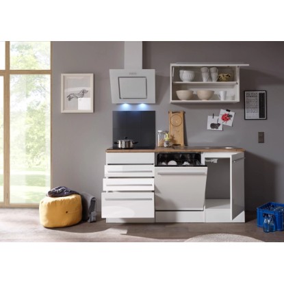 Kuchyňská linka Respekta Premium, 290 cm, bílý lesk s dubovou pracovní deskou a elektrospotřebiči.