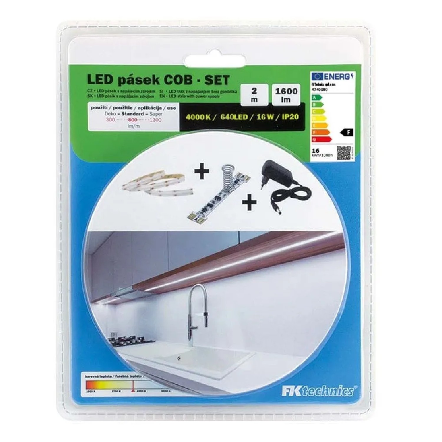 FK Technics SET LED pásek COB s dotykovým spínačem, vč. zdroje, 18W, 4000K, 2 m