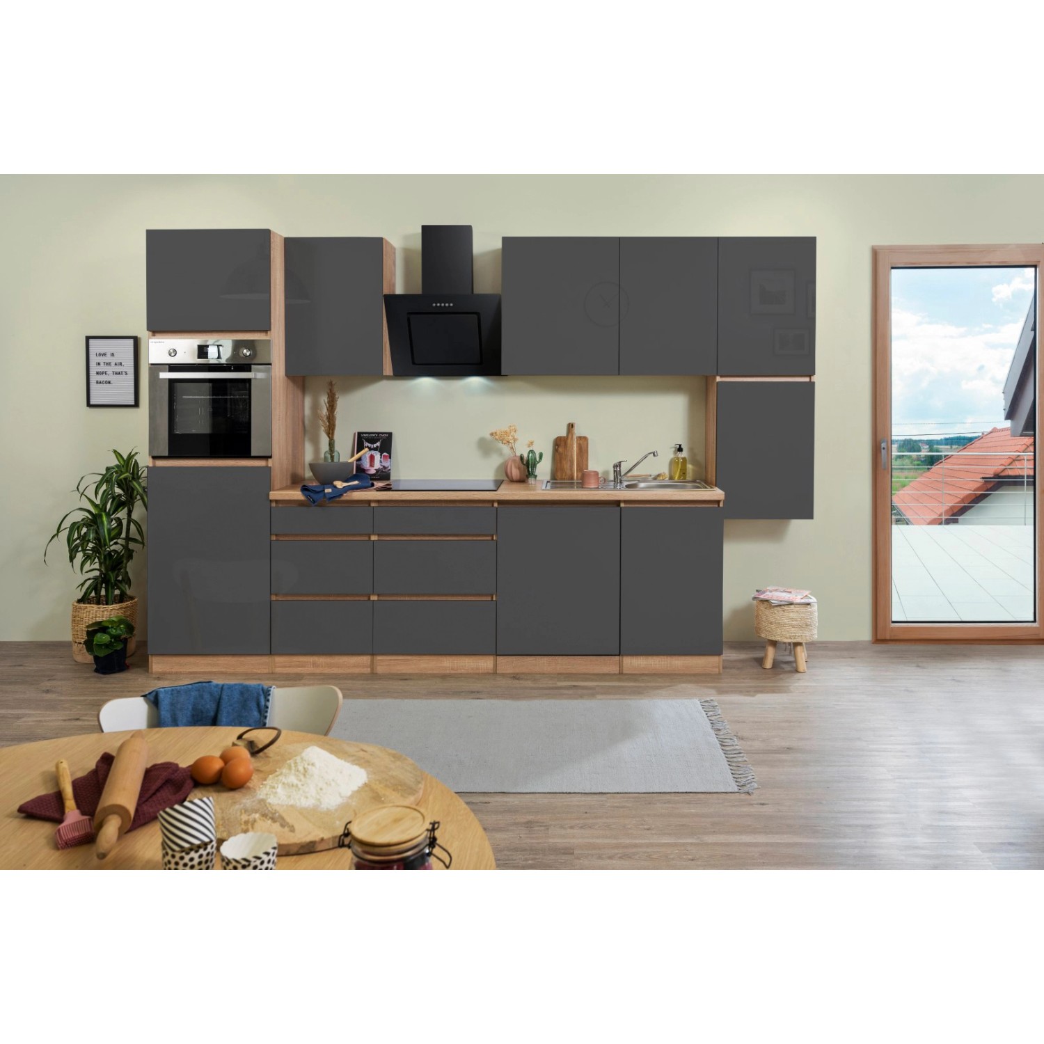 Respekta Kuchyně Lorena šedá/dub 330 cm-Bez el. přístrojů