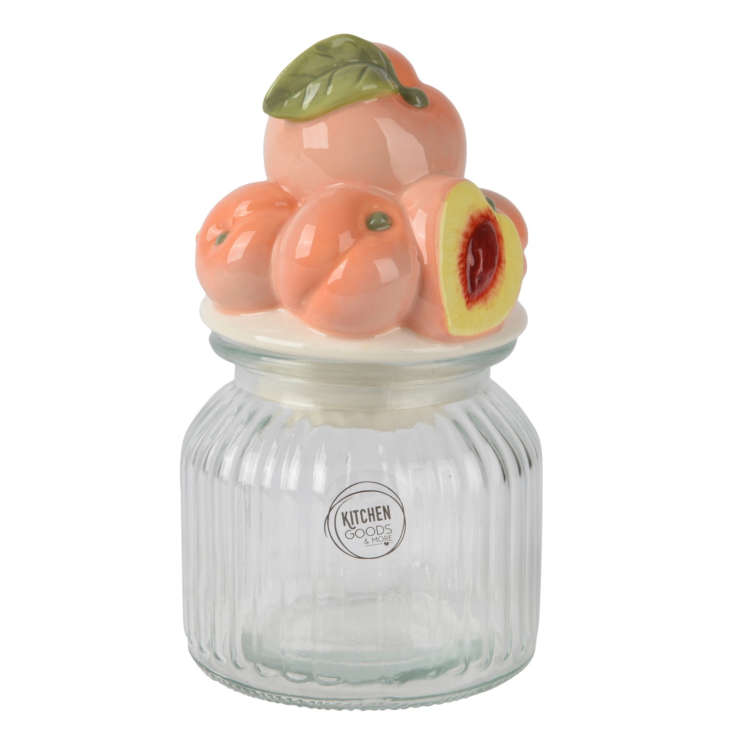 Skleněná dóza s porcelánovým víkem s motivem broskví, pr. 11 x 19 cm