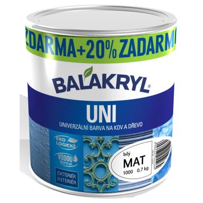BALAKRYL Univerzální barva na kov a dřevo UNI MAT 0100 bílá 0,7 kg + 20 % ZDARMA