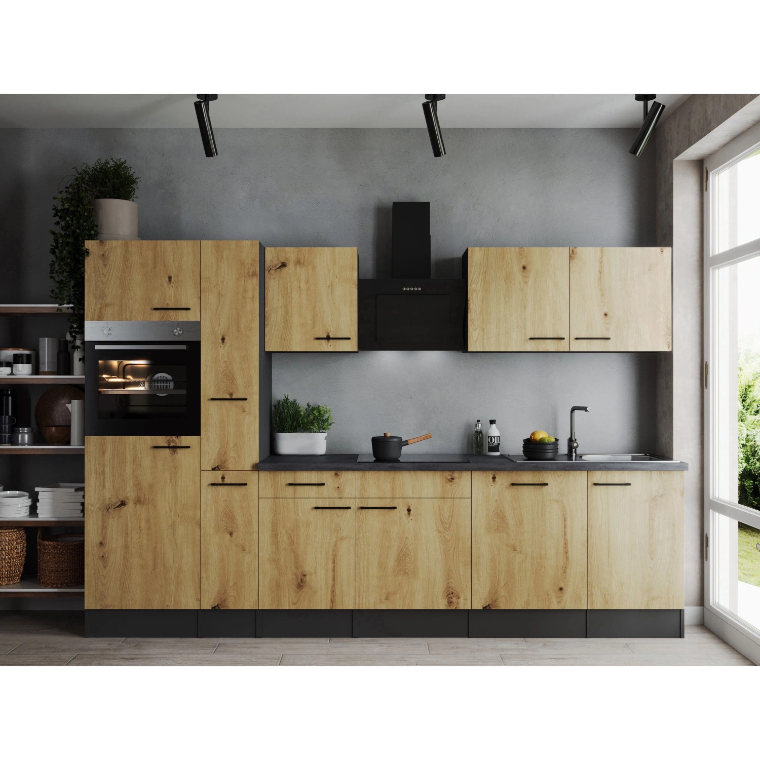 Respekta Kuchyně Oliver dub/žula 310 cm-trouba/skl.deska/dig./myčka/led.