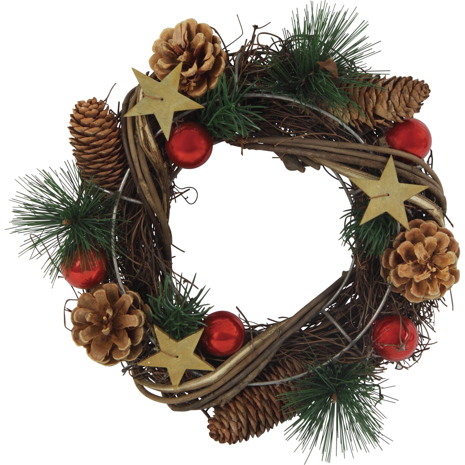Vánoční dekorace věnec s koulemi, šiškami a jehličím, pr. 25 x 8 cm