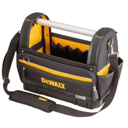 Černá brašna na nářadí DeWalt s žlutými prvky a ramenním popruhem.