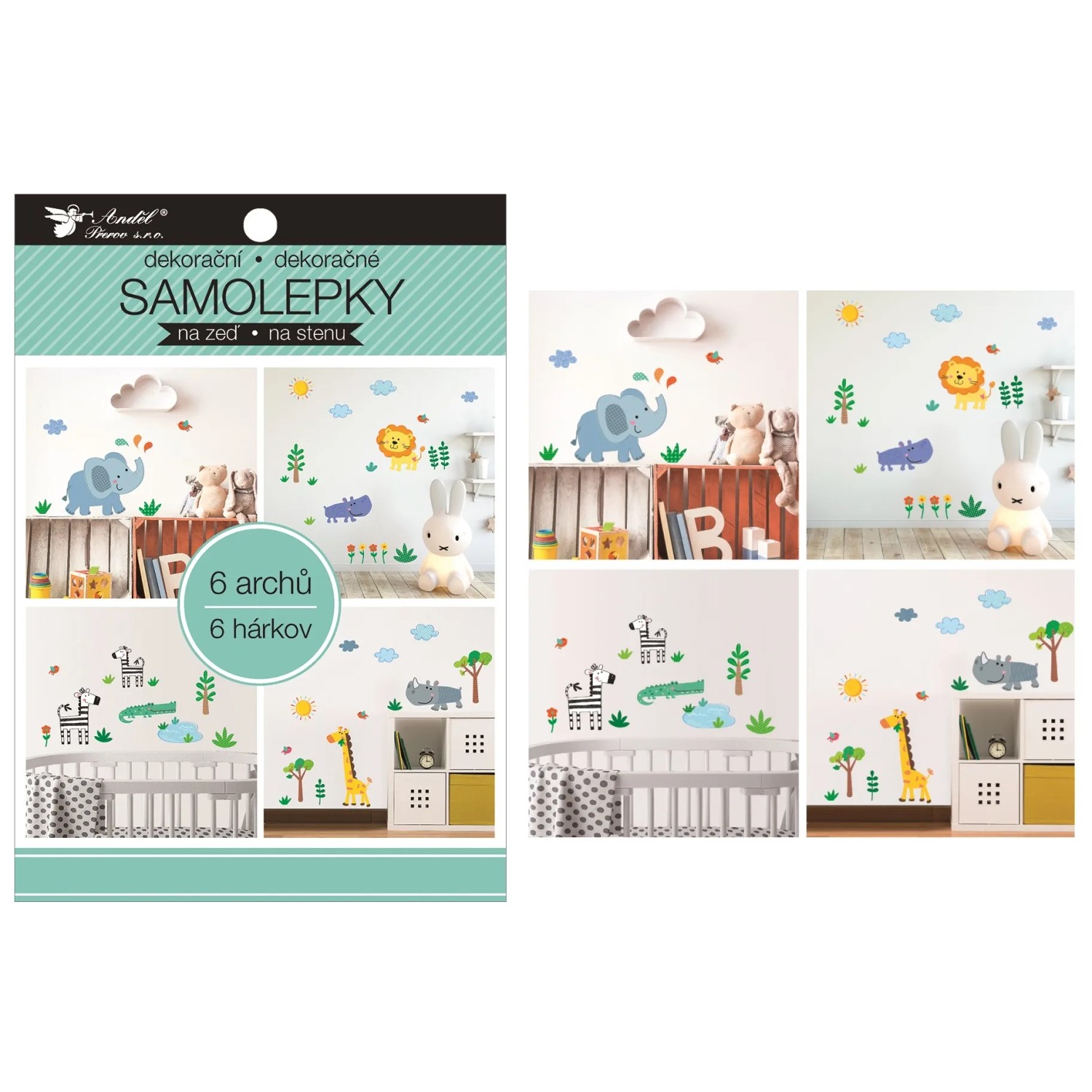Anděl Přerov Samolepky na zeď v bloku zvířátka, 16 x 23 cm, 6 listů