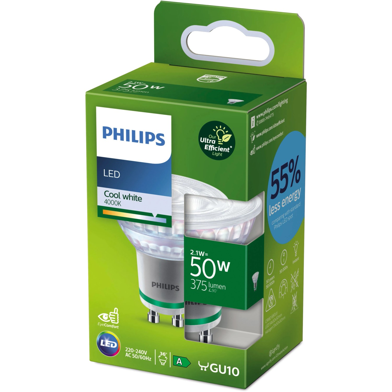 Levně PHILIPS LED bodová žárovka UltraEfficientPAR16 GU10 2,1W 50W 375lm 4000K 50x54mm