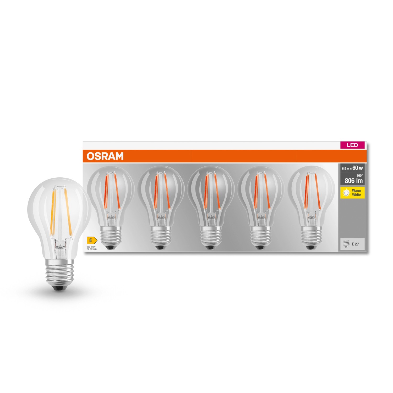 OSRAM LED žárovka Base Classic A60, E27, 6,5 W, 806 lm, 2700 K, čirá, 5 ks
