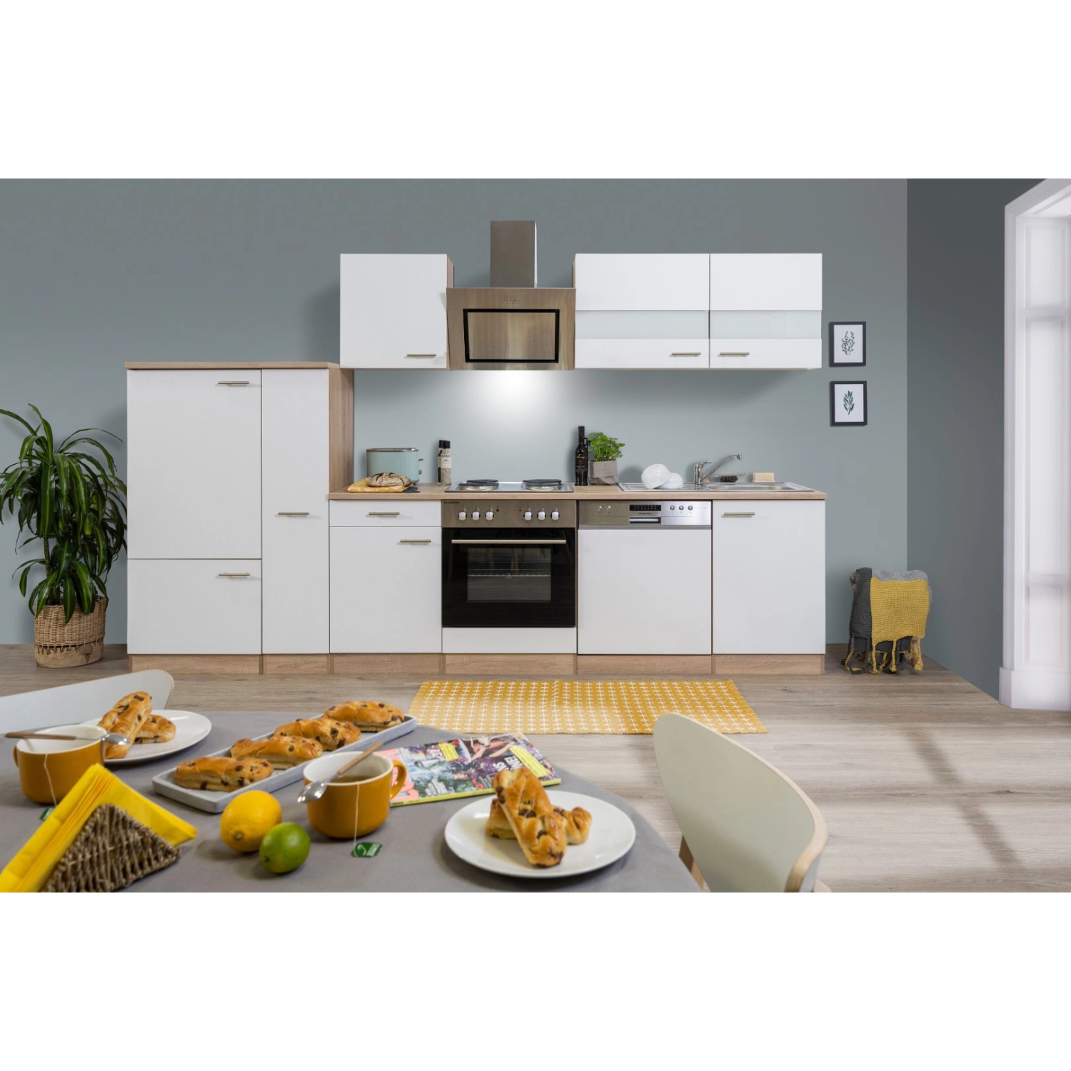 Respekta Kuchyně Merle bílá/dub 310 cm-nrz.deska/šikmá digestoř/myčka/lednice