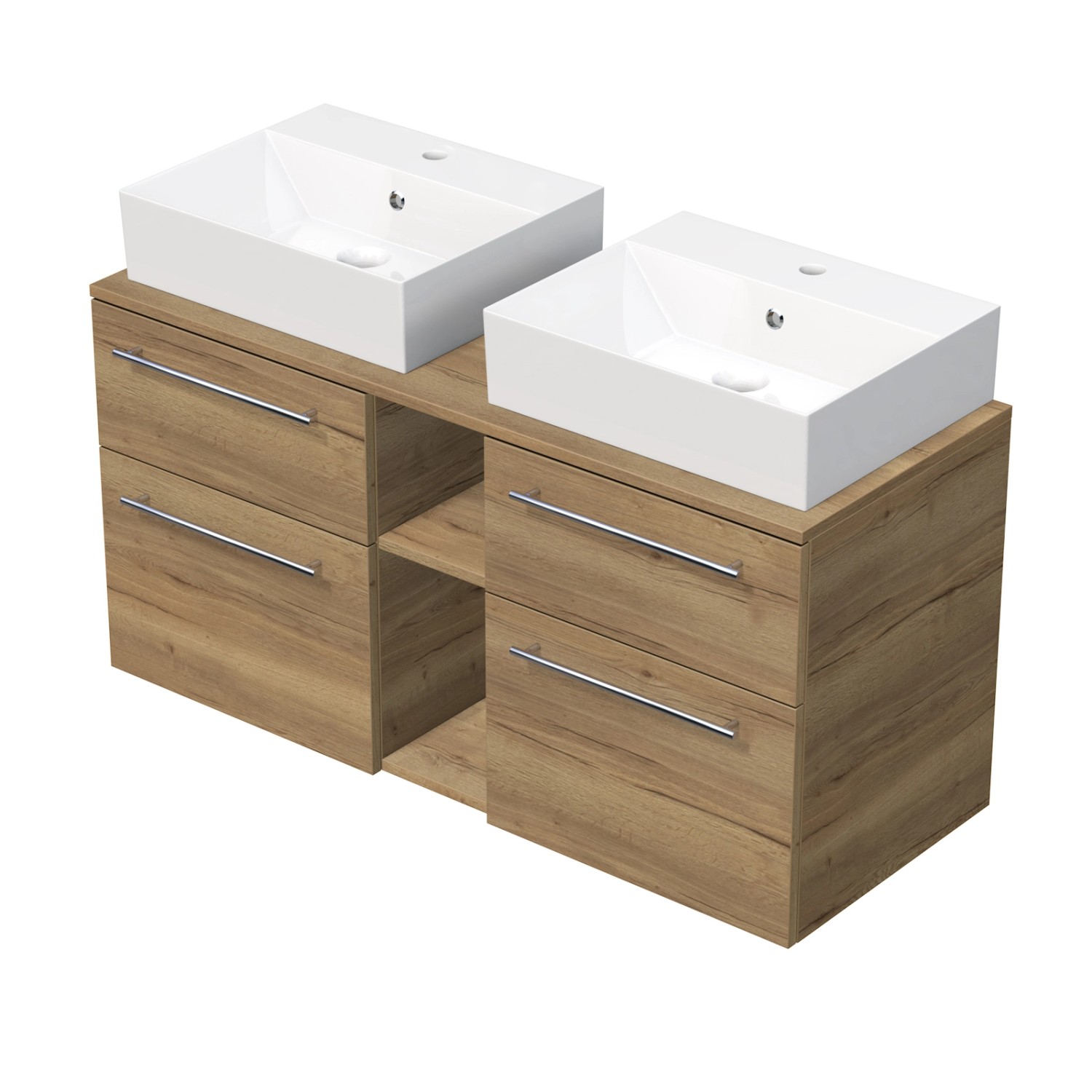 INTEDOOR Koupel.skříň+2umyvadl BEE, úchyt chrom, 120cm, regál střed, dub Halifax