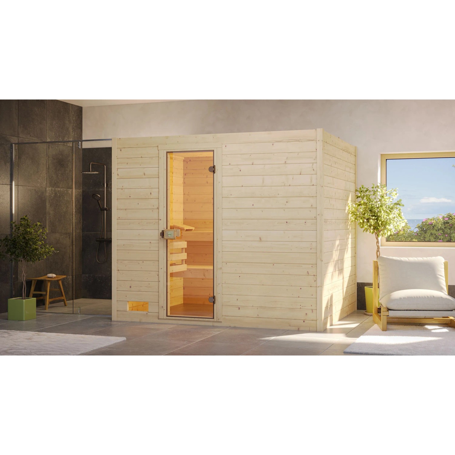Weka Dřevěná sauna Valida 4 skl.dv., přírodní, 239x189x203,5 cm + BioAktiv 7,5kW
