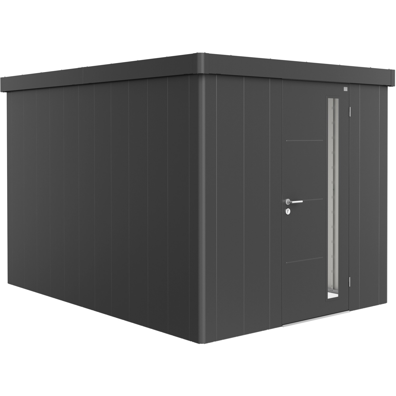 Biohort Plechový zahradní domek Neo4B standardní dveře tm. šedá 236 x 348 cm