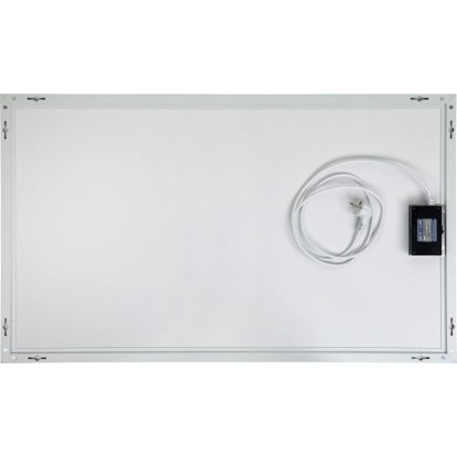 E2 Elektrický IR topný panel 600W s dálkovým ovládáním, bílý hliníkový přední panel, kabel a montážní příslušenství.