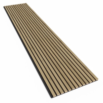 Akustický panel tmavý dub, melamin, černá plsť, 240x60 cm pro snížení hluku.