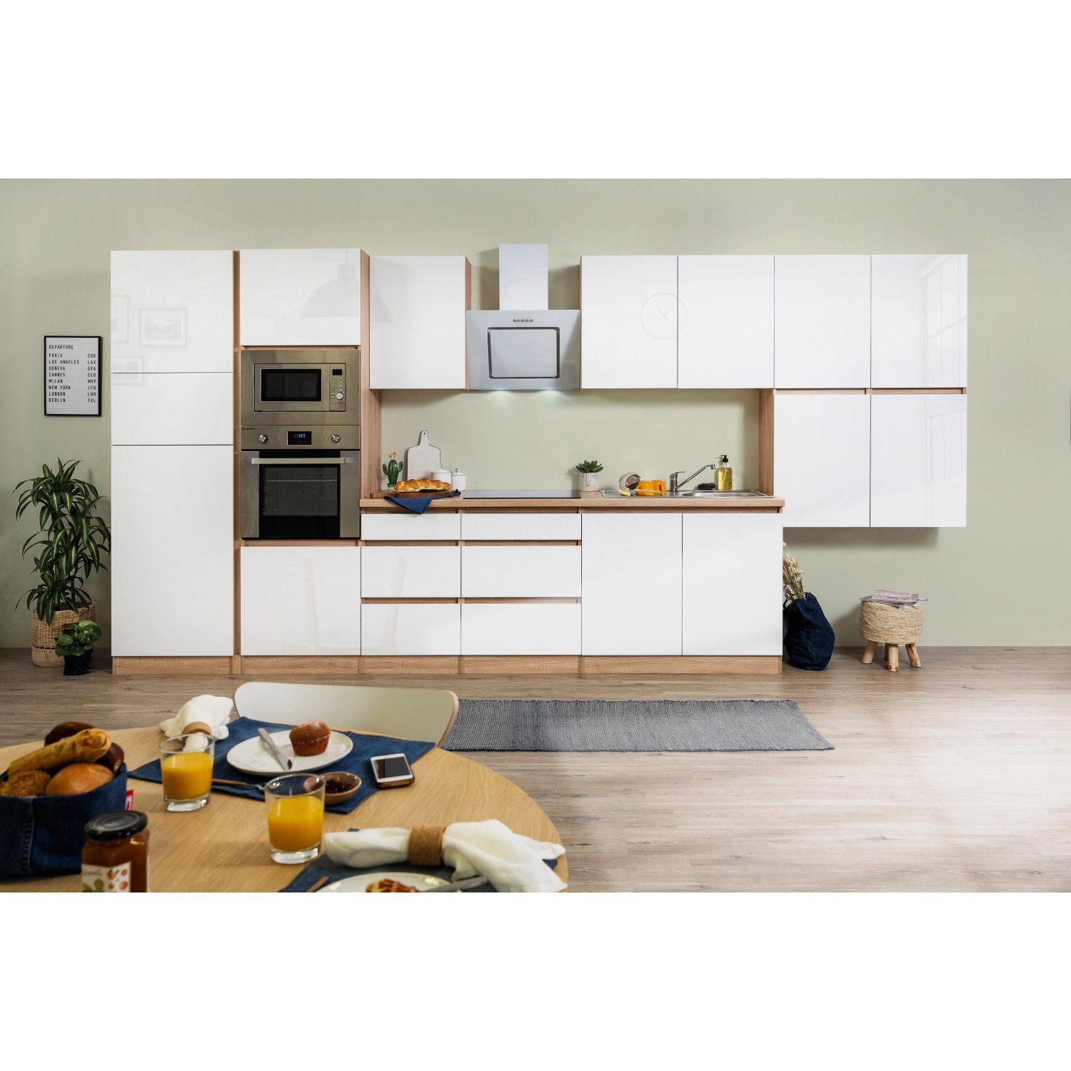 Respekta Kuchyně Lorena le.bílá/dub 435 cm-trouba/skl.d./digestoř/lednice/mikr.