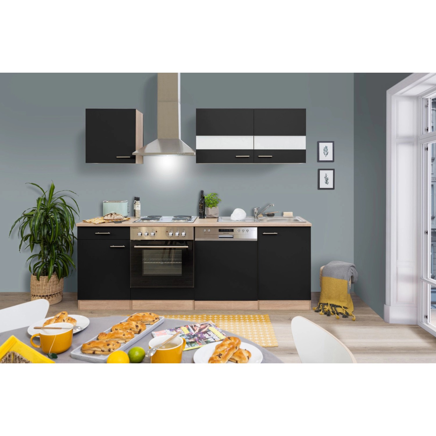 Respekta Kuchyně Merle černá/dub 220 cm-nrz.deska/komín.digestoř/myčka