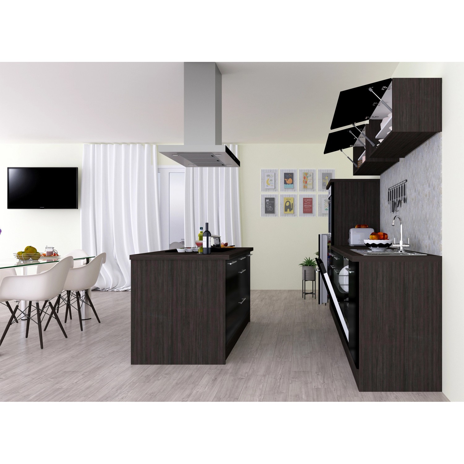 Respekta Kuchyně s ostrůvkem Amanda černá/dub 310 cm-trouba/sk.d./dig./my./led.