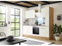 Respekta Kuchyně Marleen lesk.bílá/dub 250 cm - skl.deska/šikmá digestoř/myčka