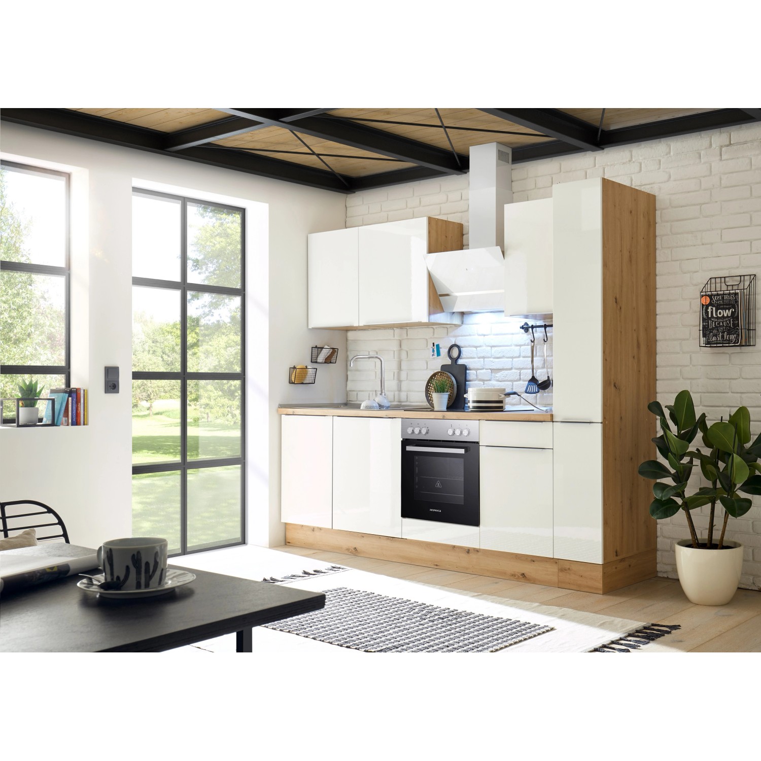 Respekta Kuchyně Marleen lesk.bílá/dub 250 cm - skl.deska/šikmá digestoř/myčka