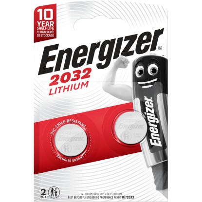 Lithiové knoflíkové baterie Energizer CR 2032, balení po 2 kusech. Baterie do kalkulaček a dálkových ovladačů.
