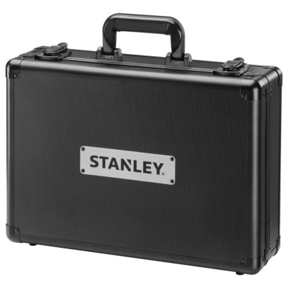 Černý kufřík na nářadí Stanley s rukojetí a kovovými rohy.