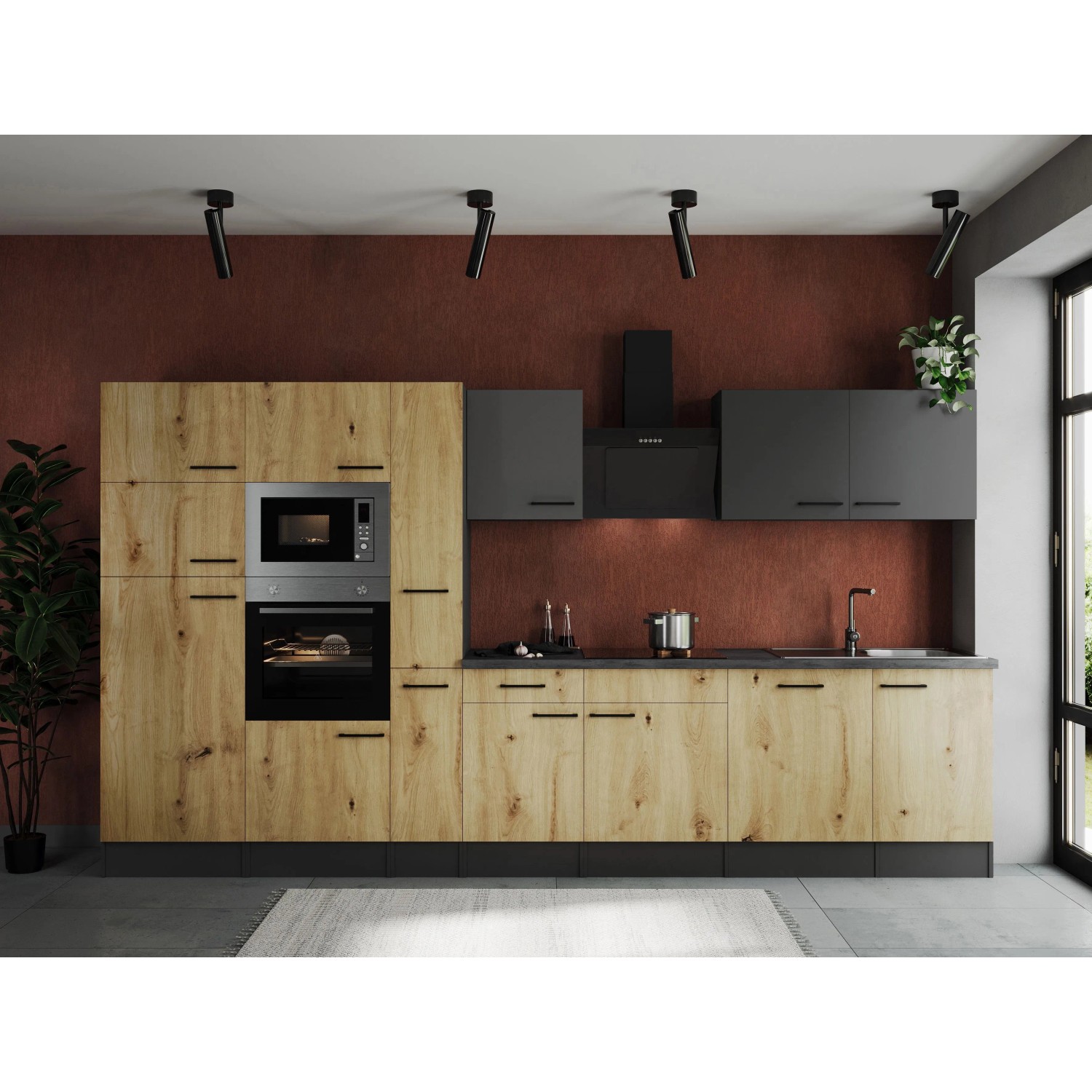 Respekta Kuchyně Oliver dub+šedá m./žula 370cm-trouba/skl.d/dig./myčka/led./mik.