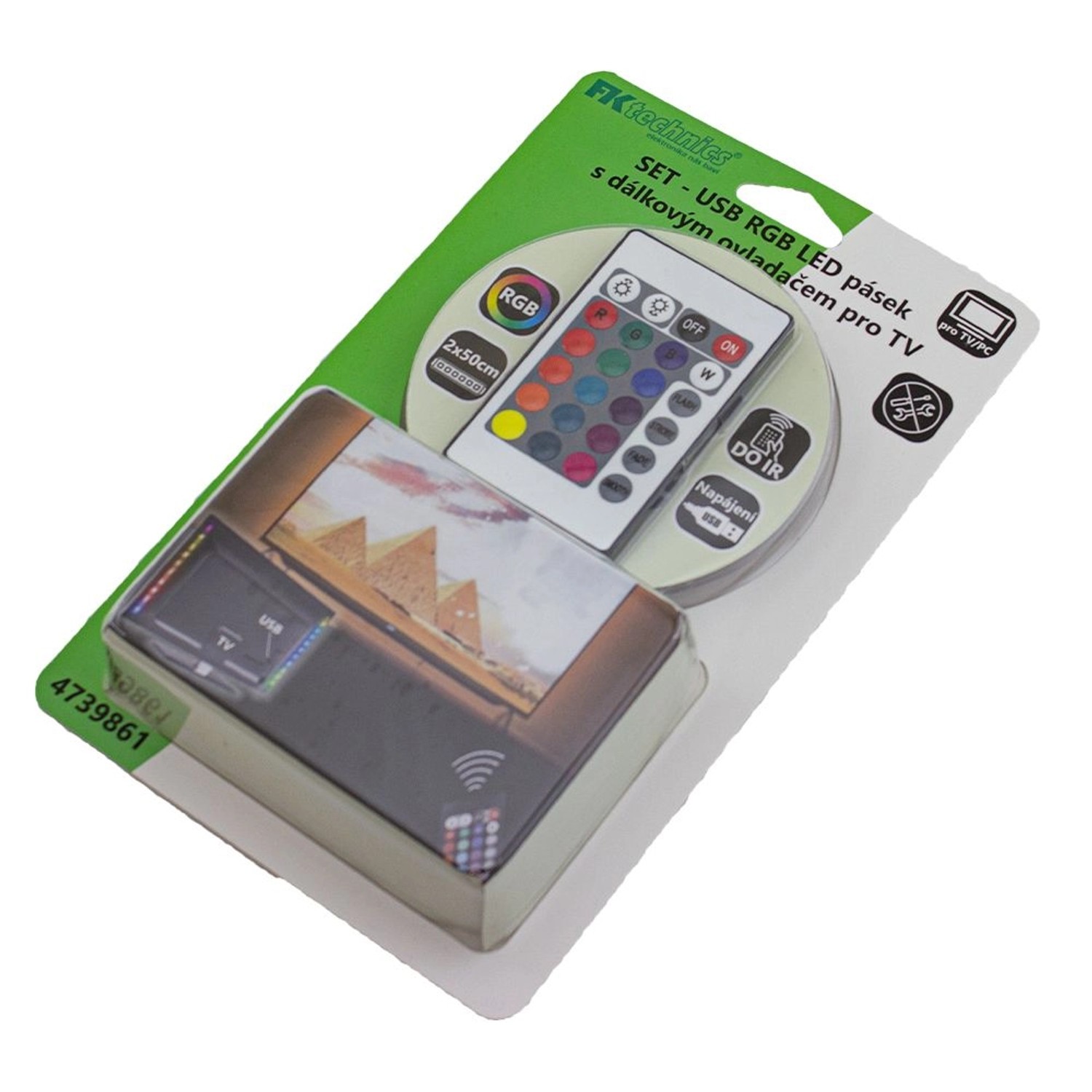FK technics USB RGB LED pásek TV/PC s dálkovým IR ovladačem, 80 lm, 2 x 50cm