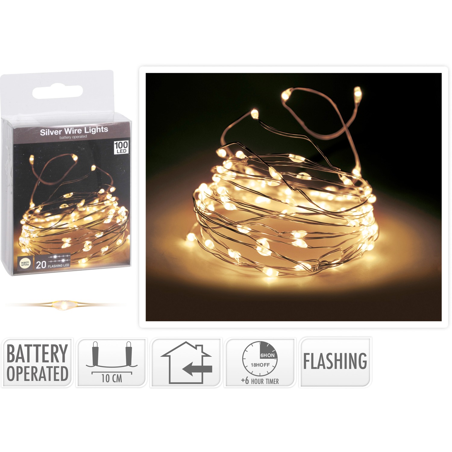 LED světelný drát jiskřící 100 LED teplá bílá na baterie  stříbrný