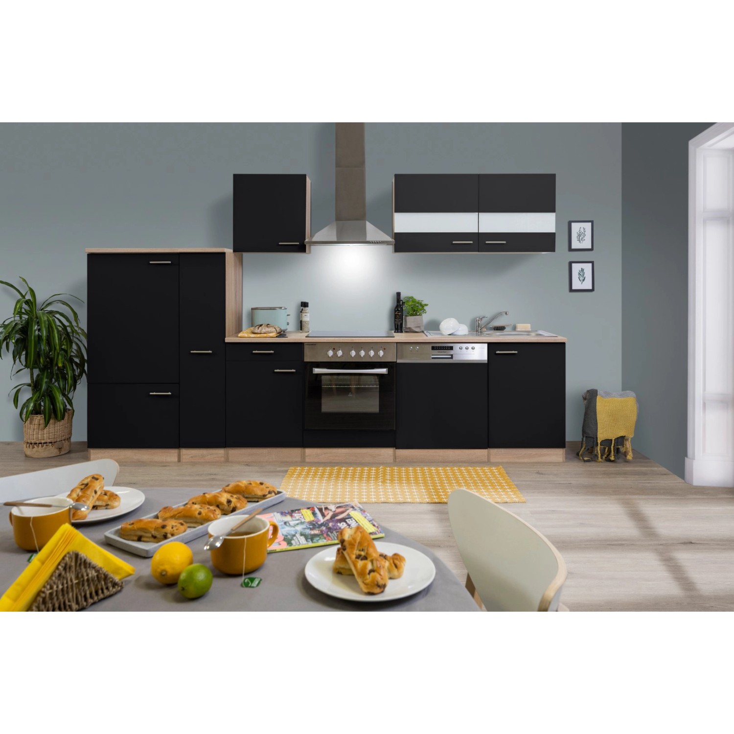 Respekta Kuchyně Merle černá/dub 310 cm-skl.deska/komín.digestoř/myčka/lednice