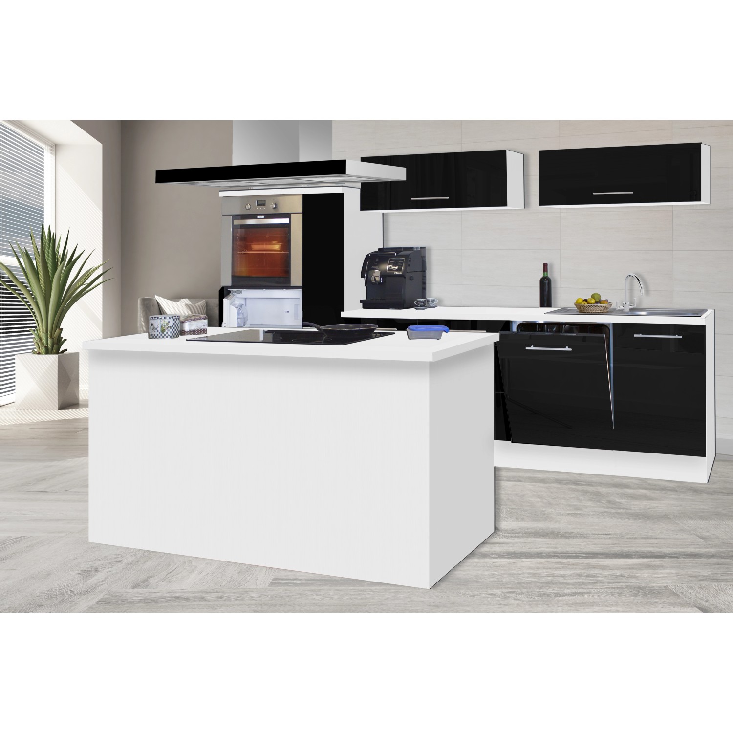 Respekta Kuchyně s ostrůvkem Amanda černá/bílá 310 cm-trouba/sk.d./dig./my./led.