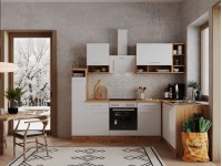 Respekta Kuchyně Hilde L bílá/dub 250 cm-trouba+sklokeramická d./digestoř/myčka