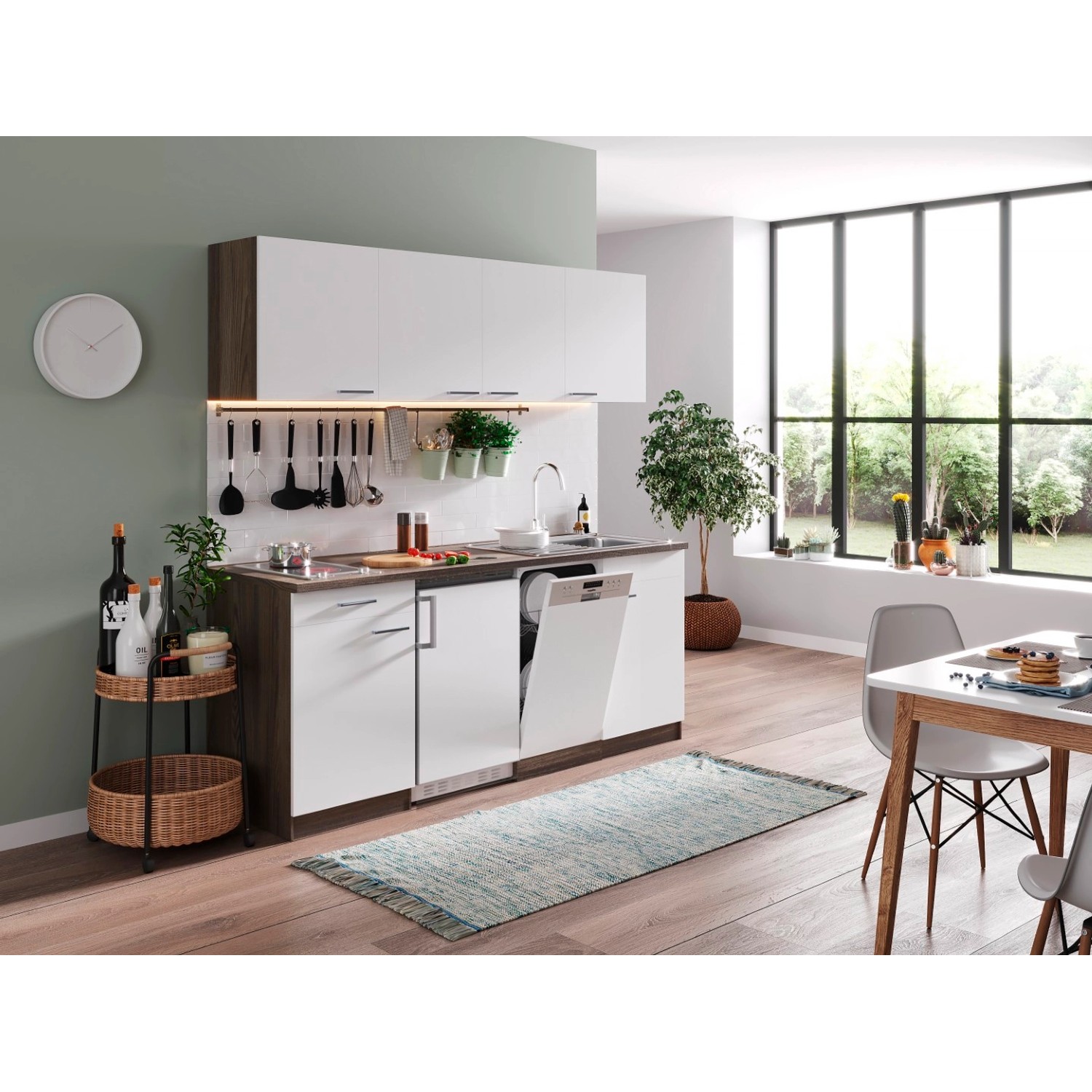 Respekta Kuchyně Oliver bílá/dub 195 cm-skl.deska/lednice/myčka