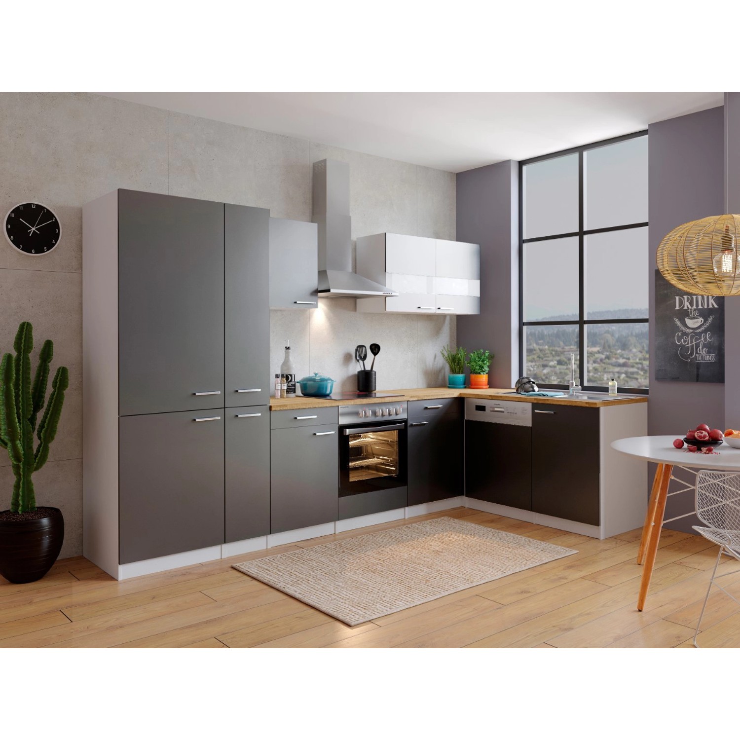 Respekta Kuchyně Malia L šedá/ořech 310 cm-skl.d./kom.digestoř/myčka/lednice(2)