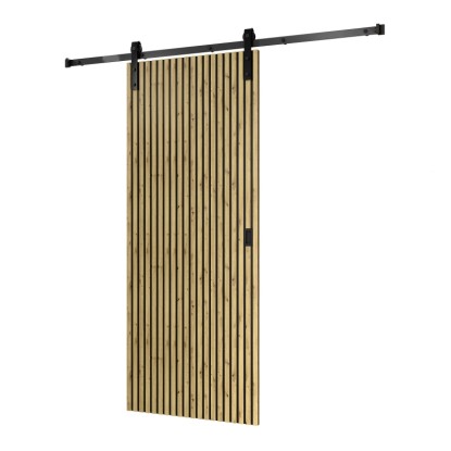 Kompletní sada posuvných dveří Radex akustický panel Lamette, 95x210 cm, s lamelovým designem a černou lištou.