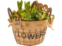 Aranžmá s různými květinami kvetoucími na jaře v ocelovém koši průměr květináče