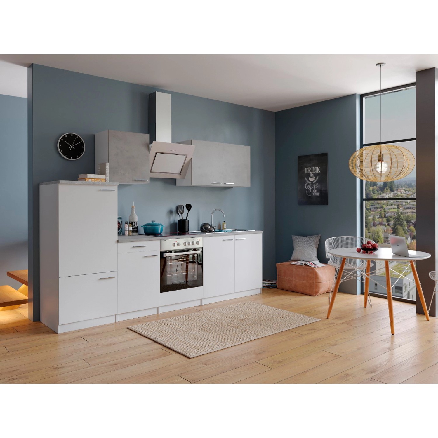 Respekta Kuchyně Malia beton/bílá 270 cm - skloker. varná deska/šikmá digestoř