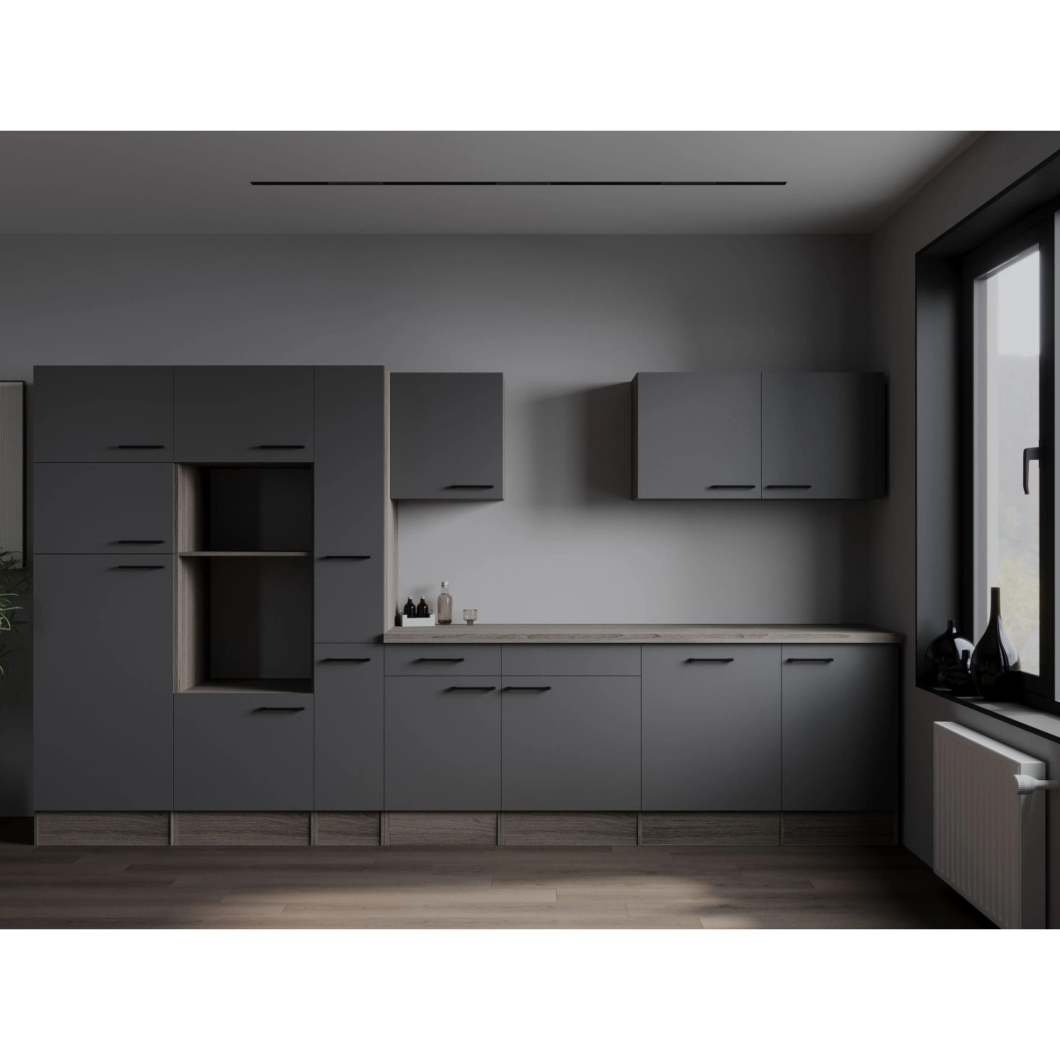 Respekta Kuchyně Oliver šedá matná/dub York 370 cm - bez el. přístrojů