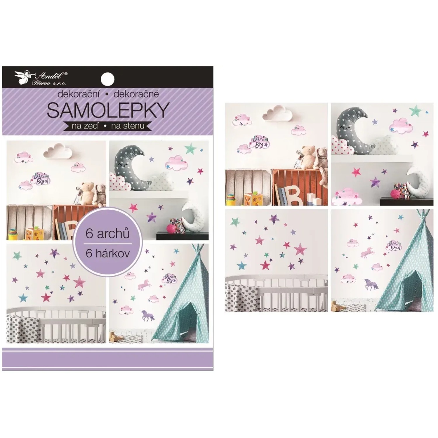 Anděl Přerov Samolepky na zeď v bloku jednorožce, hvězdy 16 x 23 cm, 6 listů