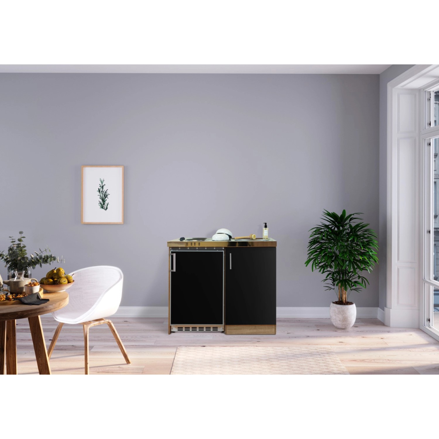 Respekta Kuchyně Levin černá/dub 100 cm-nerez.var.deska/lednice UKS110/sp.sk