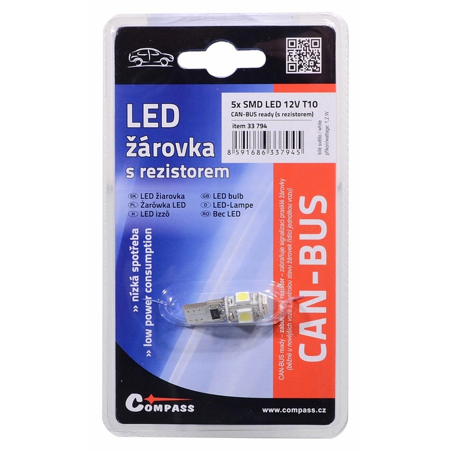 Compass Autožárovka LED 5 SMD CAN-BUS T10