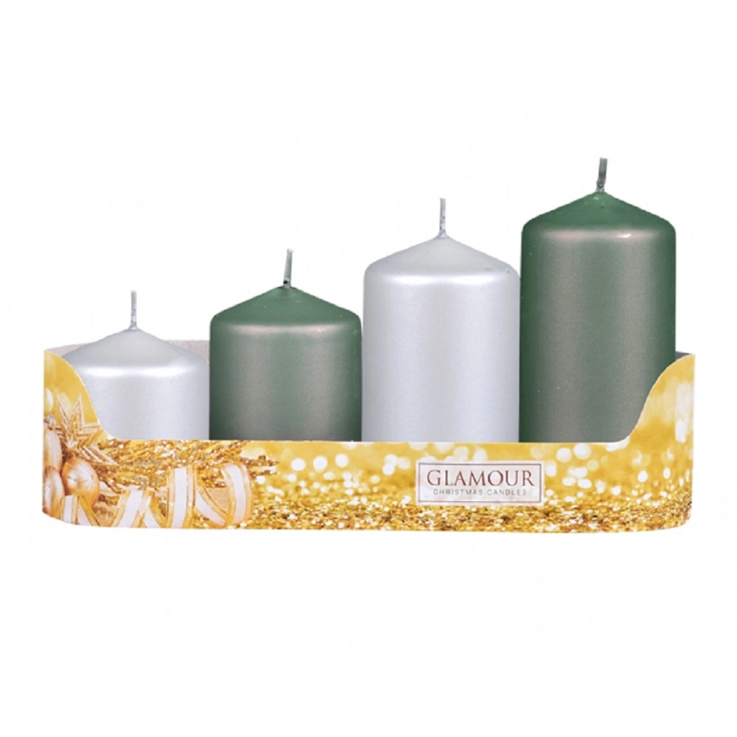 Svíčky adventní STUPŇOVITÝ MIX metal mat zelená/zel-šed, pr. 5 x 6/7,5/9/10,5 cm