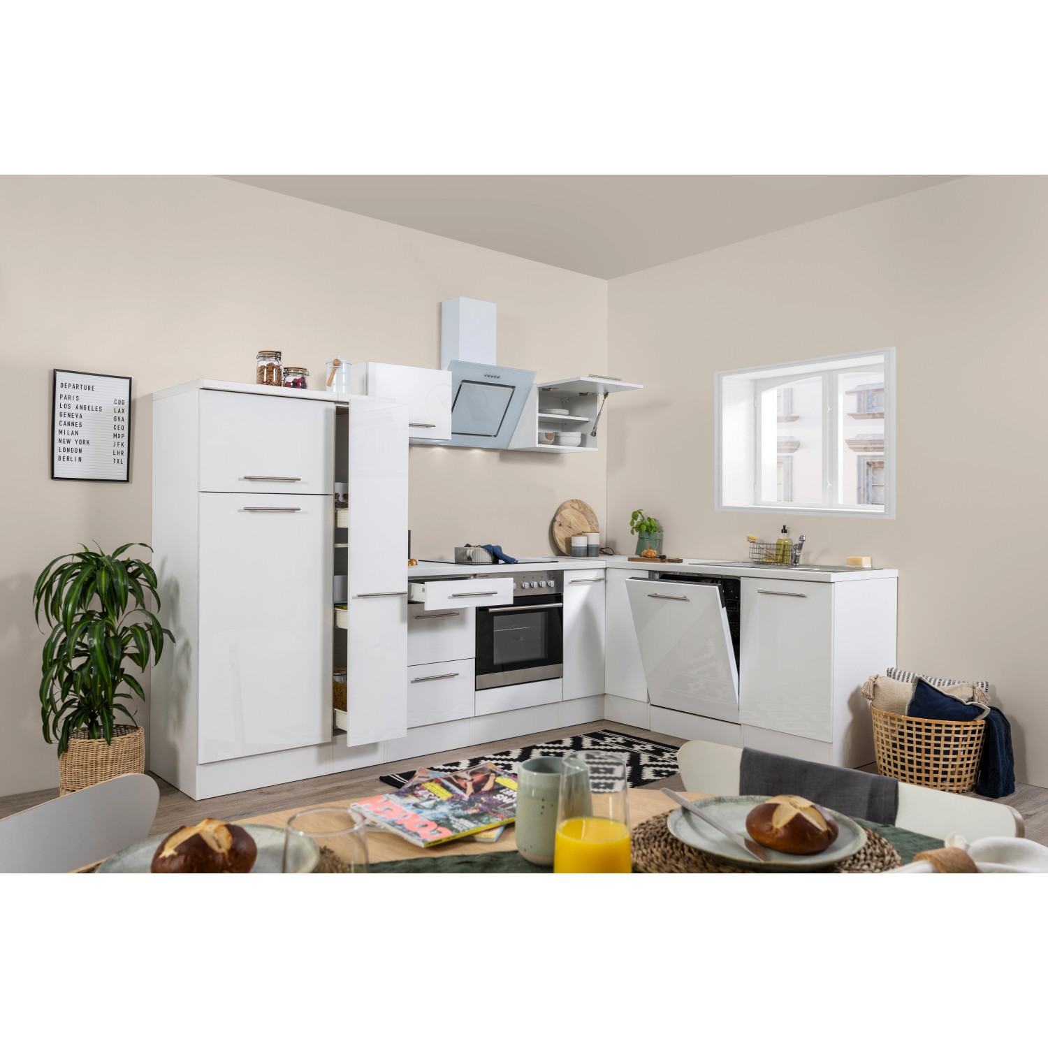 Respekta Kuchyně Amanda L bílá/bílá 290 cm-trouba+skl.d./digestoř/myčka/lednice