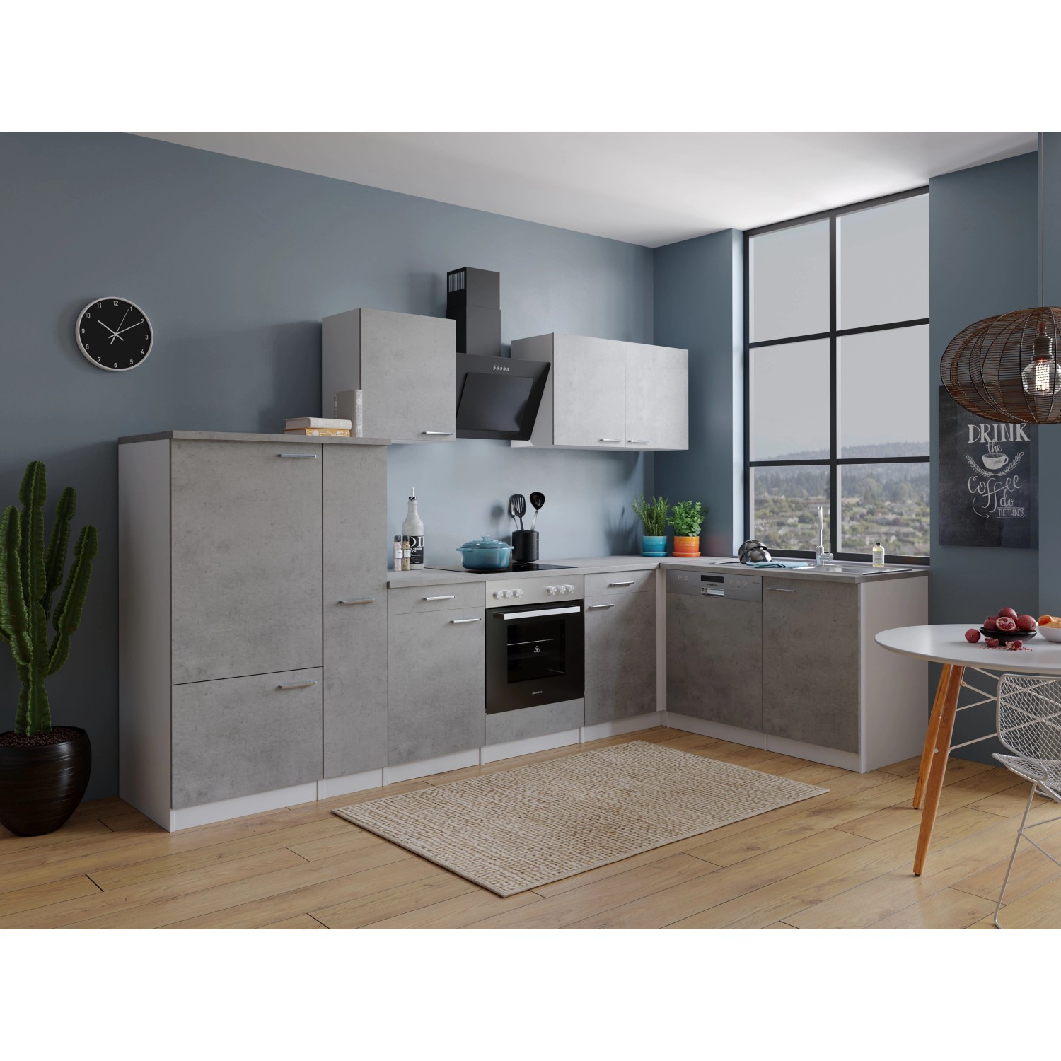 Respekta Kuchyně Malia L beton/beton 310 cm - skl.deska/šik.dig./myčka/lednice